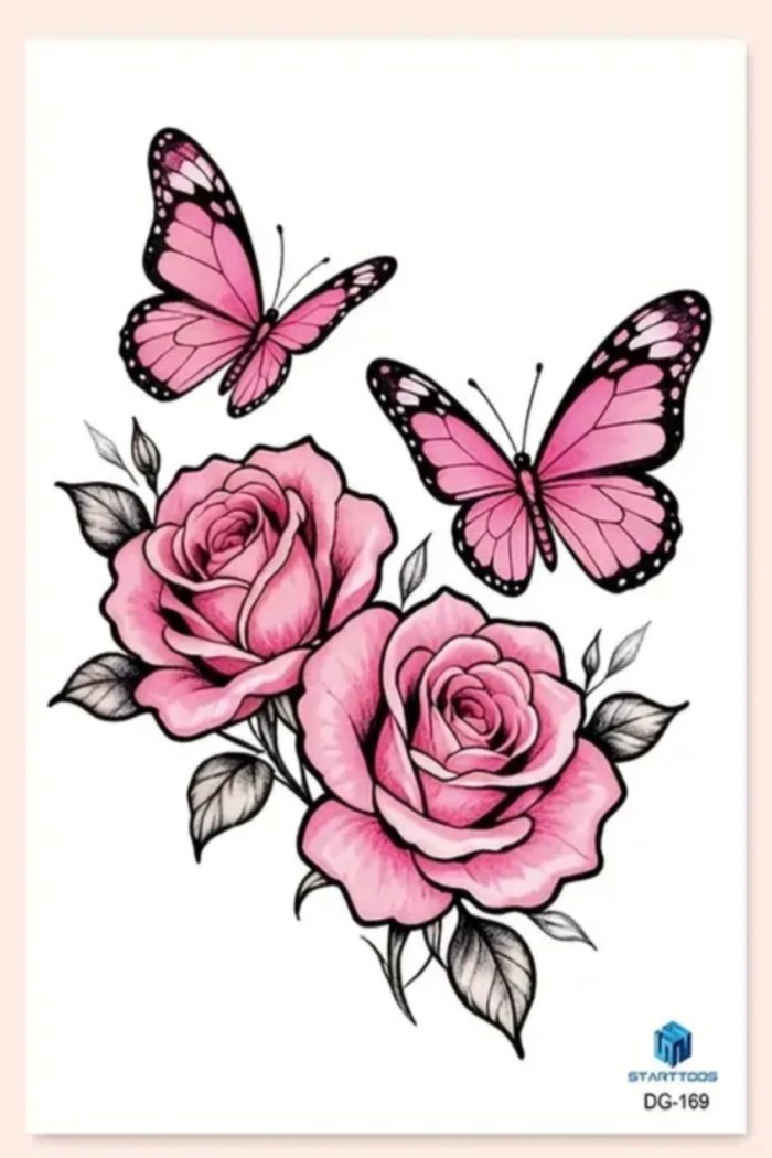 Rose Butterfly Pattern Realistic Temporary Tattoos - Image 2