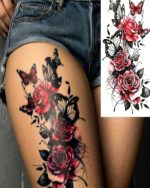 1pc Cool And Tender Red Rose Black Hollow Butterfly Temporary Tattoo Sticker