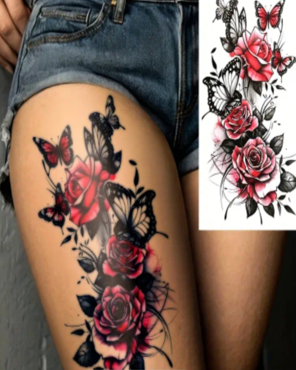 20260723_061823 1pc Cool And Tender Red Rose Black Hollow Butterfly Temporary Tattoo Sticker - Image 1