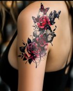 1pc Cool And Tender Red Rose Black Hollow Butterfly Temporary Tattoo Sticker - Image 2