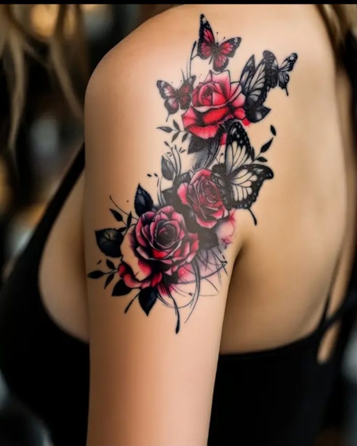 1pc Cool And Tender Red Rose Black Hollow Butterfly Temporary Tattoo Sticker - Image 2