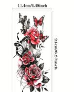 1pc Cool And Tender Red Rose Black Hollow Butterfly Temporary Tattoo Sticker - Image 3